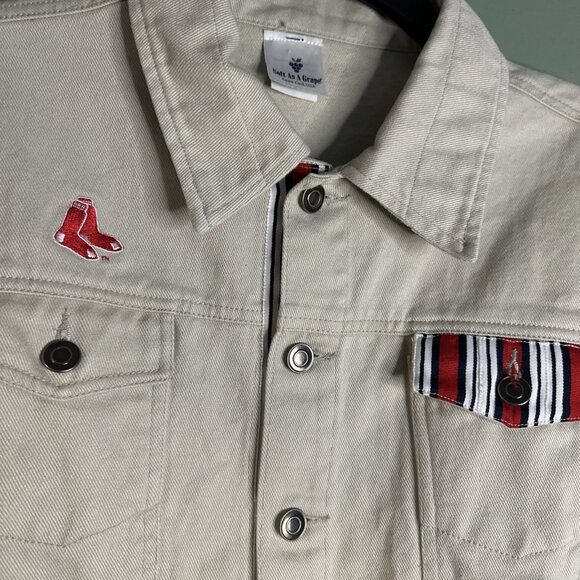 Boston Red Sox Women’s Trucker Jacket Sz L Embroidered Logo Button Down Beige - Picture 6 of 7